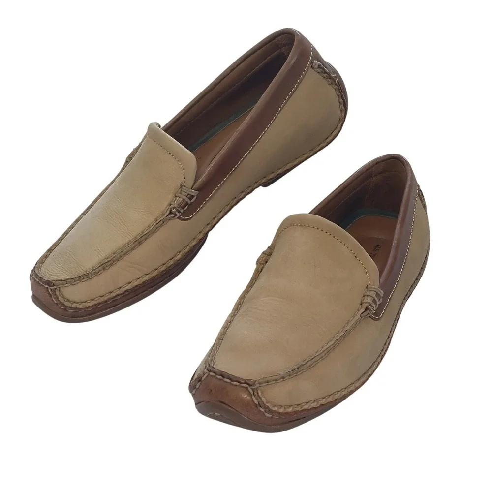 H S Trask & Co Driving Loafers Tan Leather Suede Vibram Sole USA Size 8.5 M EUC!